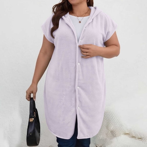 Women Plus Size Hooded Bath Robe Short Sleeve Button Down Nightgown Loungewear Lightweight Sleepwear Robe Dress Housecoat for Lounge Wearble Bath Towel