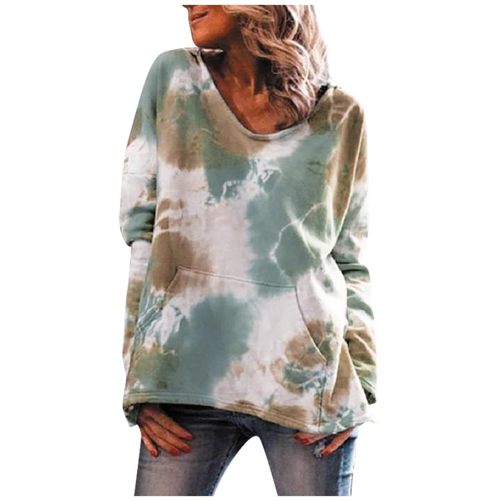 Women Plus Size Hoodies Clearance Loose Tie-Dye Printing Hooded V-neck ...