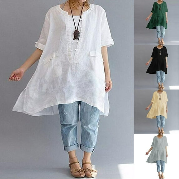 Women Plus Size Irregular Fashion Loose Linen Short Sleeved Shirt Vintage Blouse Daily Wear Loose Casual Women'S Wear Black 4Xl