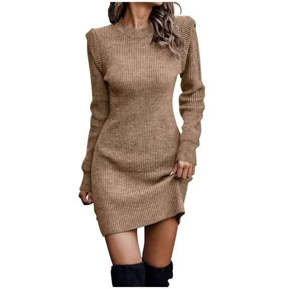 Women Plus Size Knit Sweater Dress Long Sleeve Crew Neck Solid Comfy Slim Fit Stretch Pullover Bodycon Mini Dress (Small, Khaki)