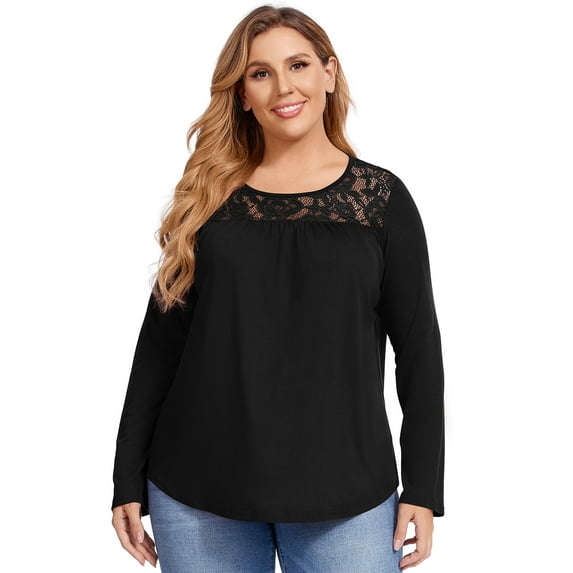 Women Plus Size Lace Patchwork Shirt, Round Neck Long Sleeve Loose Blouse Casual Top