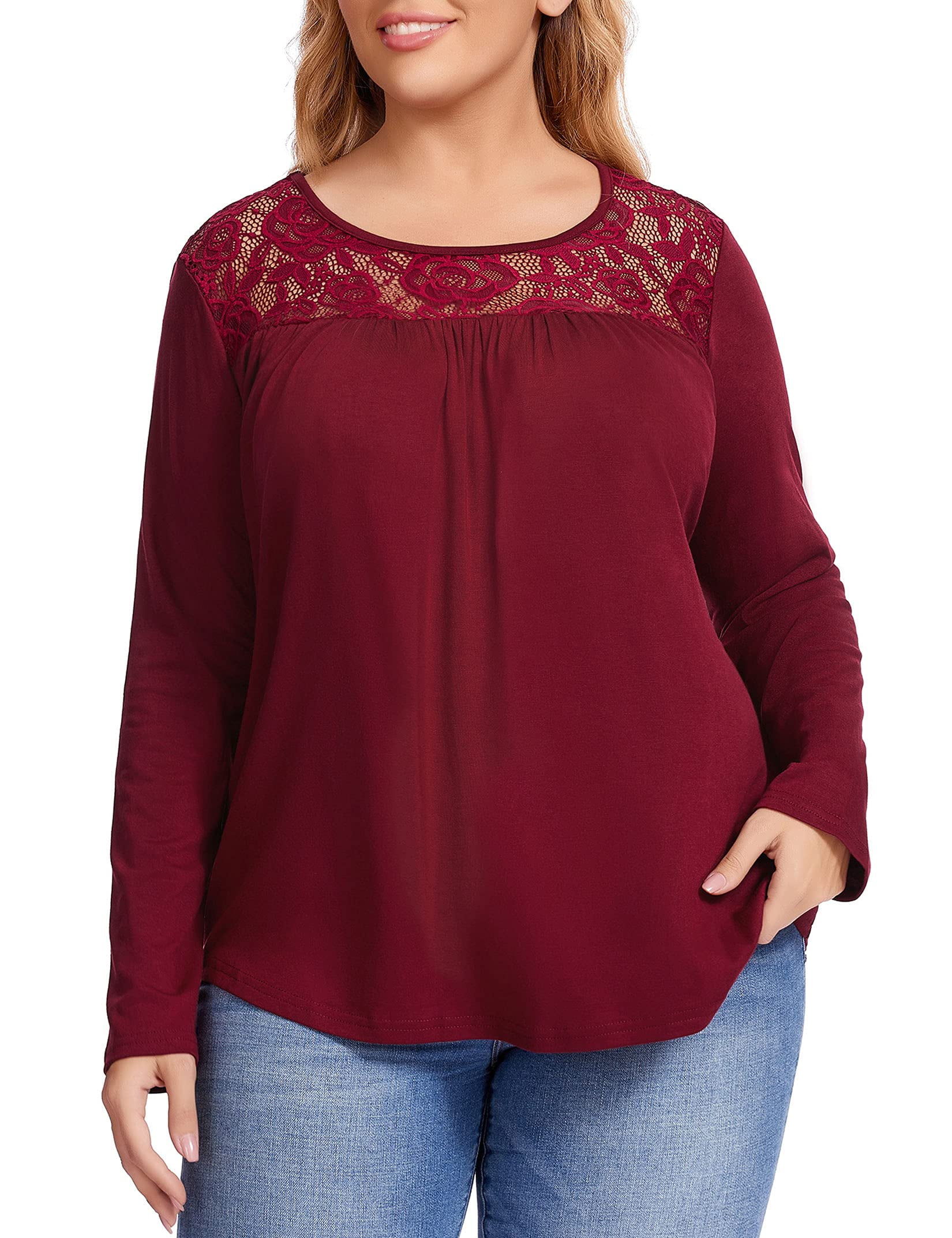 Women Plus Size Lace Pleated Shirt Round Neck Short Sleeve Loose Blouse  Summer Casual Tunic Top Long Sleeve Black XL 