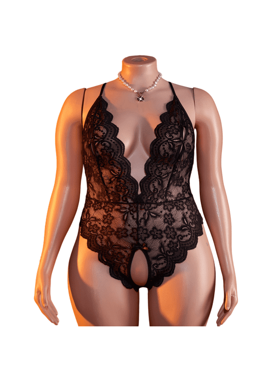 Plus Size Lingerie For Women V Neck Lace Bodysuit Teddy Non Binding Form Fitting Babydoll Chemise Sleepwear Black XXXL
