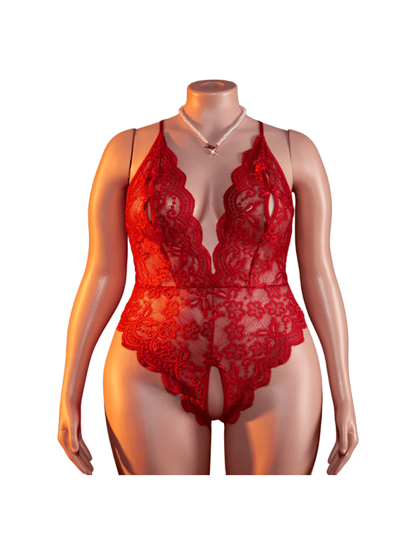 Plus Size Lingerie For Women V Neck Lace Bodysuit Teddy Non Binding Form Fitting Babydoll Chemise Sleepwear Red XXL