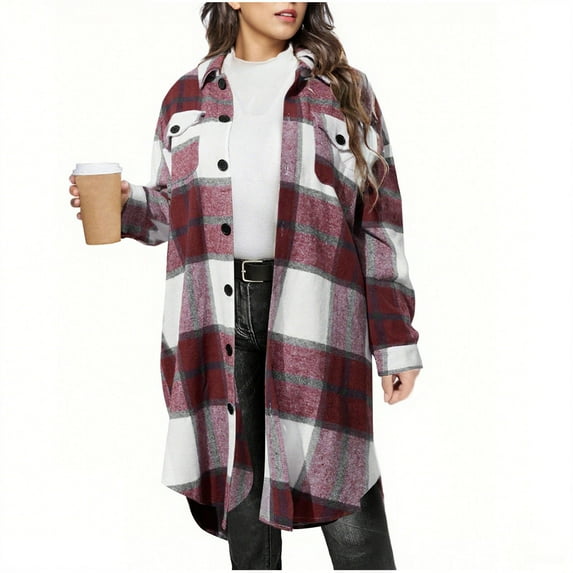 Women Plus Size Light Raincoat New Womens Plus Size Flannel Plaid Cardigan Long Sleeve Lapel Button Long Jacket Coats Fall Fashion Clothes Pinky XXL