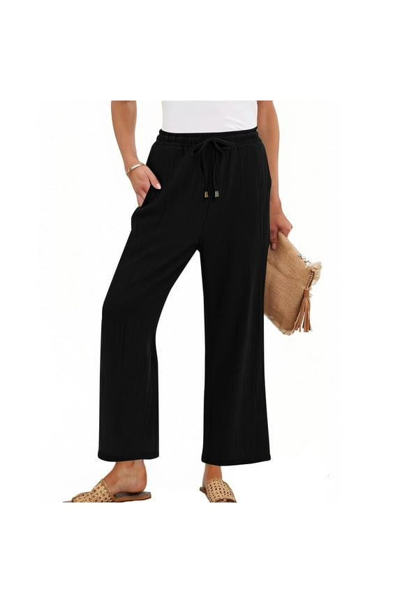 Women Plus Size Linen Pants for Cover Up Low Rise Ankle Length Drawstring Summer Gauze Pants Elastic Waist Pull on Wide Leg Business Cropped Pants with Pockets Black M