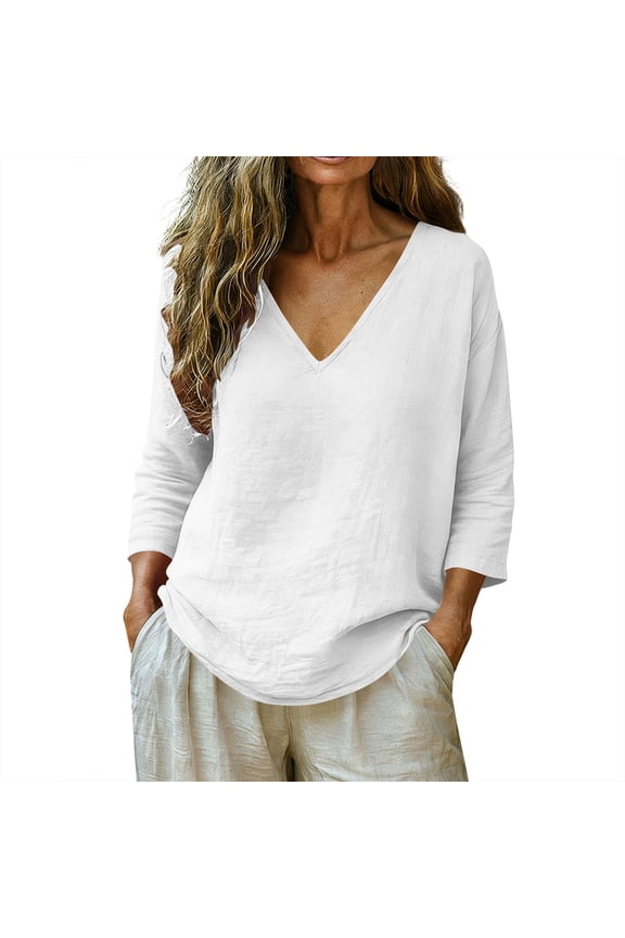 Women Plus Size Linen Shirts 3/4 Sleeve V Neck Blouse Casual Loose Fall Fashion Gauze Cotton Pullover Tops (M, White)