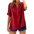 thumbnail image 1 of Women Plus Size Linen Shirts Henley Short Sleeve Summer Casual Tops Split Hem Buttons Up Flowy Dressy Blouses Red, 2XL, 1 of 7