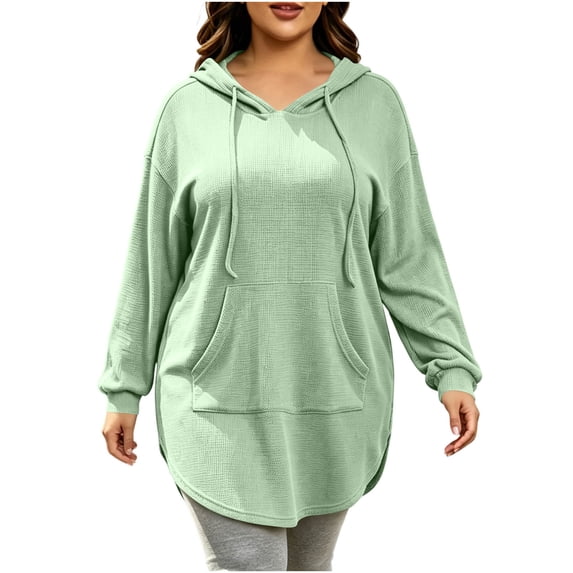 Women Plus-Size Long Hooded Sweatshirt Drawstring Long Sleeve Curved Hem Hoodie Tops With Kangaroo Pocket Casual Loose Daily Outerwear Green L