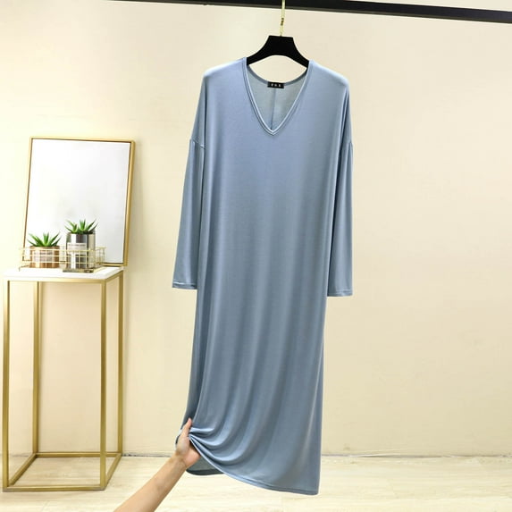 Women Plus Size Long Nightgowns Long Sleeve Cotton Sleepdress V Neck Full Length Nightshirts Soft Comfy Sleepwear New Fall Pajamas for Women Light Blue 5XL