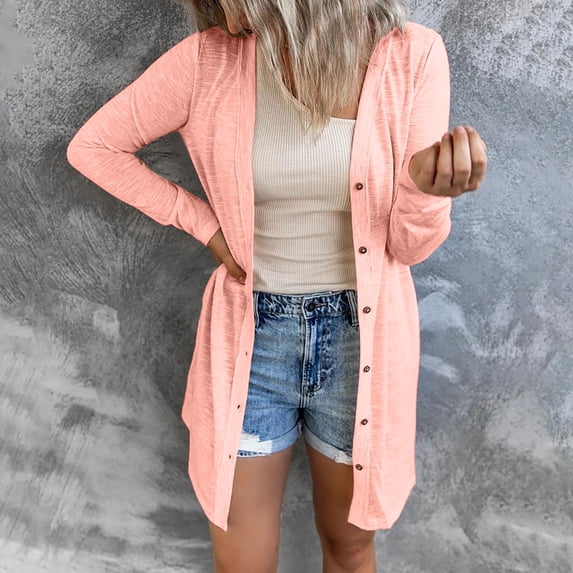 Women Plus Size Long Open Front Drape Maxi Cardigan Lightweight Duster Long Sleeve Cardigan Fall Pink XXXL TP86