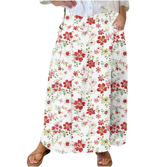 Women Plus Size Long Skirts High Waisted Skirt Loose Pleated Dress Elastic Midi Skirt wish Pockets