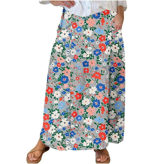 Women Plus Size Long Skirts High Waisted Skirt Loose Pleated Dress Elastic Midi Skirt wish Pockets