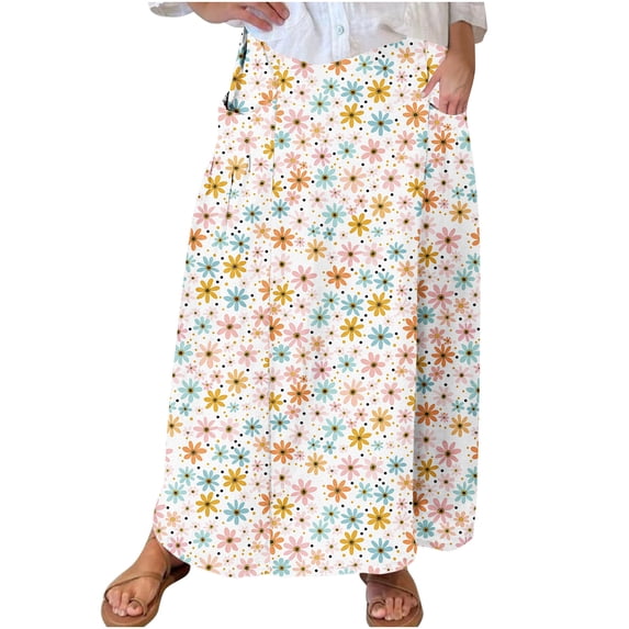 Women Plus Size Long Skirts High Waisted Skirt Loose Pleated Dress Elastic Midi Skirt wish Pockets