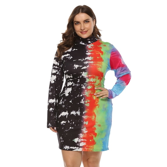 Women Plus Size Long Sleeve Turtleneck Bodycon Midi Dress Irregular Color Block Tie Dye Patchwork Print Party Clubwear