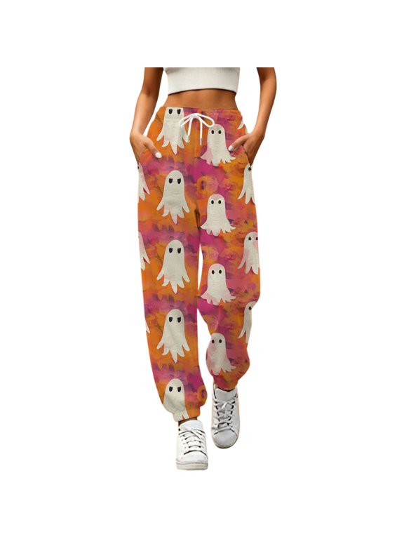 Women Plus Size Loose‑Fit Halloween Jogger Trousers, Patchwork Print High‑Rise Drawstring Waist Sweatpants, Functional Side Pockets & Elastic Ankle Cuffs for Daily Outing