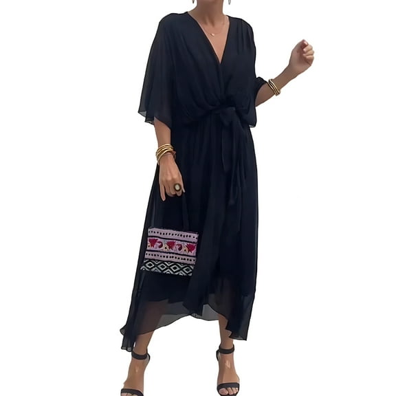 Women Plus Size Maxi Dress Short Sleeve Wrap V Neck High Low Split Ruffle Long Dress Black XXL