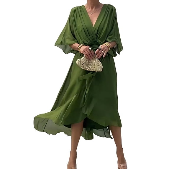 Women Plus Size Maxi Dress Short Sleeve Wrap V Neck High Low Split Ruffle Long Dress Green XXL