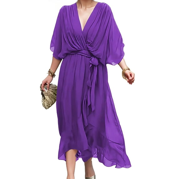 Women Plus Size Maxi Dress Short Sleeve Wrap V Neck High Low Split Ruffle Long Dress 4XL