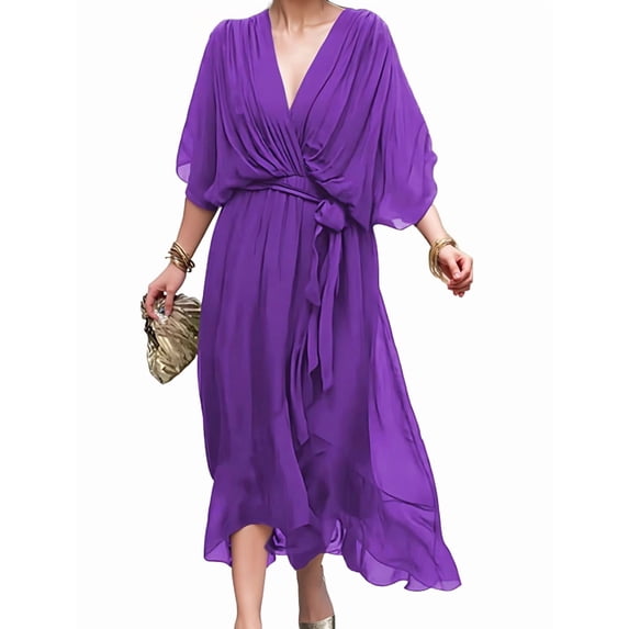Women Plus Size Maxi Dress Short Sleeve Wrap V Neck High Low Split Ruffle Long Dress S