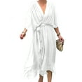 thumbnail image 1 of Women Plus Size Maxi Dress Short Sleeve Wrap V Neck High Low Split Ruffle Long Dress White L, 1 of 3