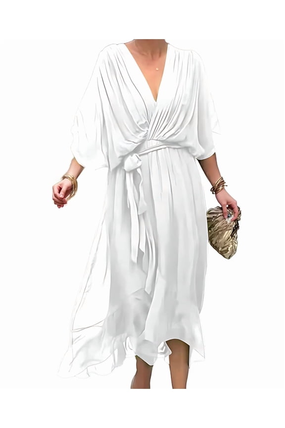 Women Plus Size Maxi Dress Short Sleeve Wrap V Neck High Low Split Ruffle Long Dress White M
