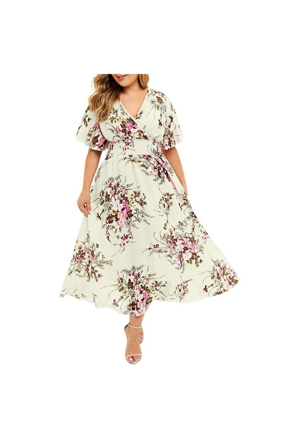 Women Plus Size Maxi Dresses Floral Printed Empire Waist V Neck Short Sleeve Summer Casual Flowy Long Dress Boho Maxi Dress