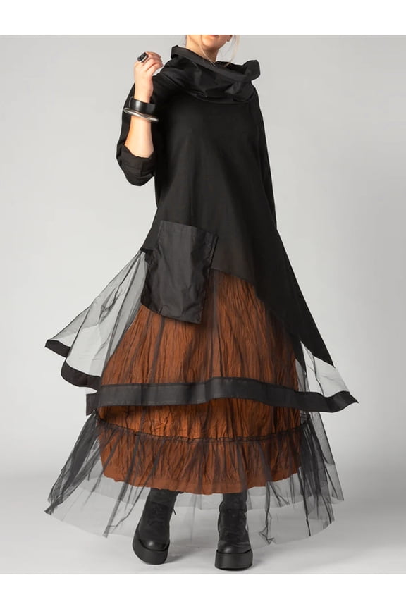 Women Plus Size Mesh Dress Transparent Patchwork A-Line Dress Long Sleeve Cowl Neck Casual Vintage High Street Black Dress 2026