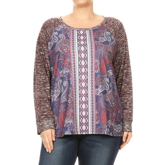 Women Plus Size Multi-Color Paisley Design Blouse Tunic Top Burgundy 1XL (SE16046)