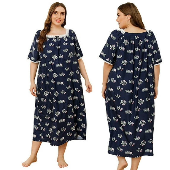 Women Plus Size Nightgowns Half Sleeve Square Neck Night Gowns Ladies Oversized House Dress Silk Floral Print Comfy Lightweight Lace Splicing Large Size Sleepwear,XL-4XL