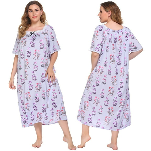 Women Plus Size Nightgowns Half Sleeve Square Neck Night Gowns Ladies Oversized House Dress Silk Floral Print Comfy Lightweight Lace Splicing Large Size Sleepwear,XL-4XL