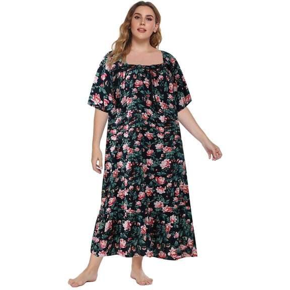 Women Plus Size Nightgowns Short Sleeve Nightdress Square Neck Nightshirt Casual Loose Floral House Dress Full Length Pajama Dress