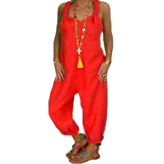 Women Plus Size One Piece Overalls Long Harem Pants Rompers Casual Cotton Linen Jumpsuit