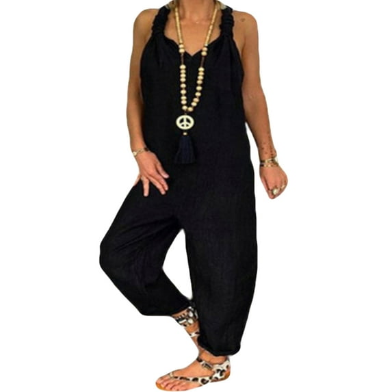 Women Plus Size One Piece Overalls Long Harem Pants Rompers Casual Cotton Linen Jumpsuit