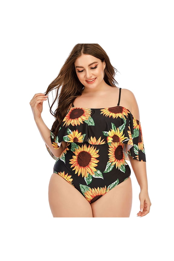 Women Plus Size One-Piece Swimsuit Sexy Off Shoulder Tummy Control Monokini Boho Sunflower Printed Flounce Ruffled Bathing Suit Swimwear