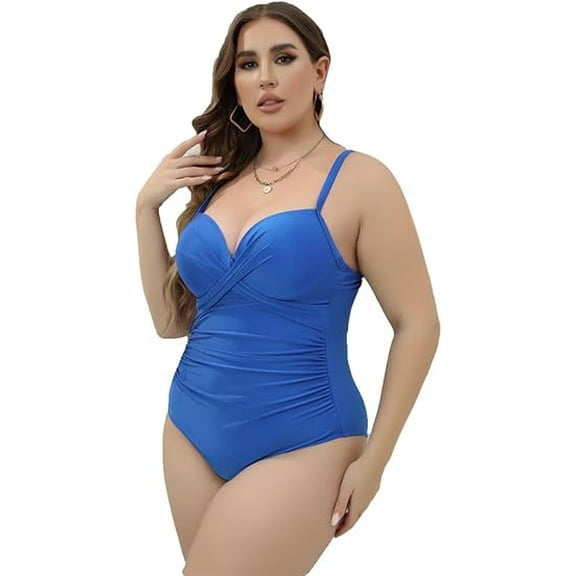 Women Plus Size One Piece Swimsuit Tummy Control Bathing Suit Ruched Push Up Swimwear Solid
