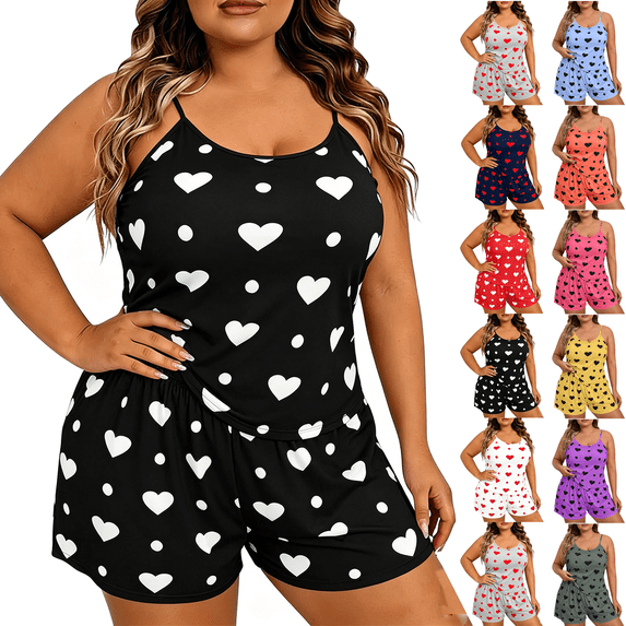 Women Plus Size Pajama Sets Adjustable Strap Tops and Shorts Loose Fit ...