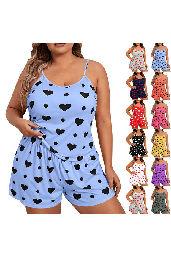Women Plus Size Pajama Sets Adjustable Strap Tops and Shorts Loose Fit Heart Print Summer Soft Breathable 2 Piece Pjs Sets,Sizes XL-5XL