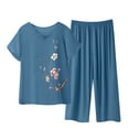 thumbnail image 1 of Women Plus Size Pajamas Two Piece Linen Sleepwear Set Short Sleeve Floral Wide Leg Pants Loose Vintage Pjs Pajama Sets Blue, 3XL, 1 of 5