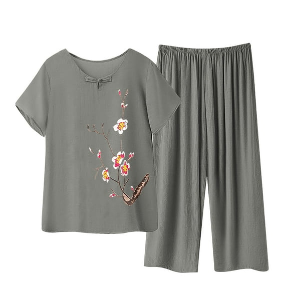 Women Plus Size Pajamas Two Piece Linen Sleepwear Set Short Sleeve Floral Wide Leg Pants Loose Vintage Pjs Pajama Sets Gray, 3XL