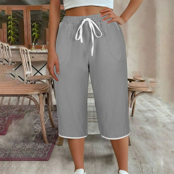 Women Plus Size Pants Casual Elastic High Waist Drawstring Pockets Fashion Wide Leg Capri Length Baggy Comfy Travel Pants Solid Color Flowy Summer Three-quarter Sweatpants
