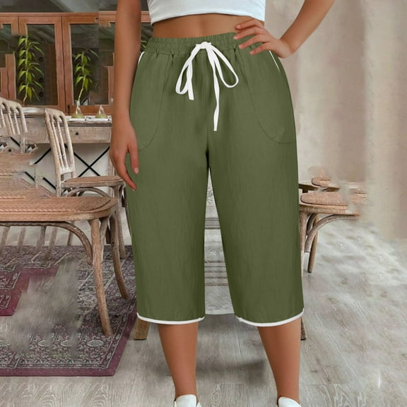Women Plus Size Pants Casual Elastic High Waist Drawstring Pockets Fashion Wide Leg Capri Length Baggy Comfy Travel Pants Solid Color Flowy Summer Three-quarter Sweatpants