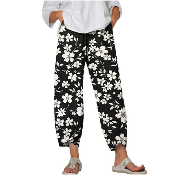 Women Plus Size Pants Casual Floral Print Harem Hem Capri Trousers with Pocket Elastic Waist Slimming Loose Sweatpants, Black, XXXL