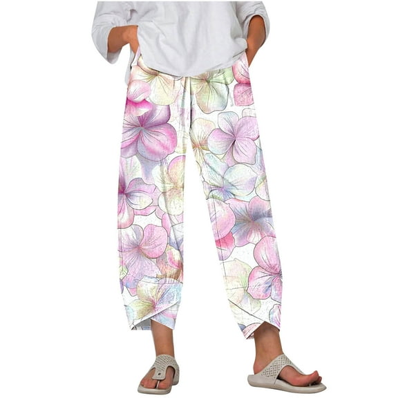 Women Plus Size Pants Casual Floral Print Harem Hem Capri Trousers with Pocket Elastic Waist Slimming Loose Sweatpants, White, M