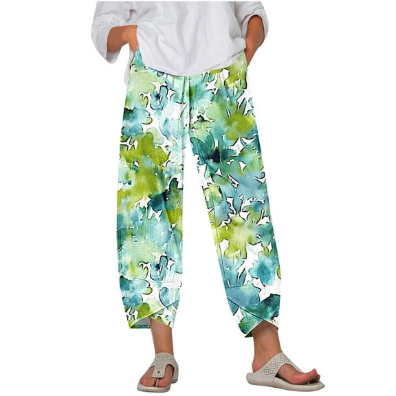 Women Plus Size Pants Casual Floral Print Harem Hem Capri Trousers with Pocket Elastic Waist Slimming Loose Sweatpants, White, M