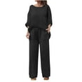 thumbnail image 1 of Women Plus Size Pants Sets, 3/4 Sleeve Blouse Tops with Wide Leg Pants, Solid Color Beach Vacation Travel Outfits Black 5XL, 1 of 6