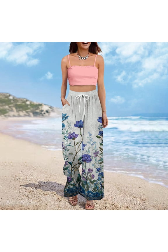 Women Plus Size Pants Wide Leg Palazzo 2026 Summer Boho Floral Trousers Spring Flowy Beach Vacation Clothes Resort Wear Dark Blue M