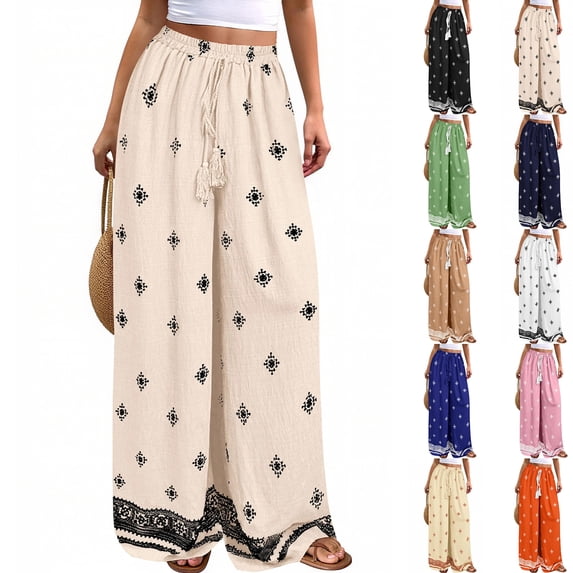 Women Plus Size Pants Wide Leg Palazzo 2026 Summer Boho Trousers Spring Flowy Beach Vacation Wear, #02 Beige, M