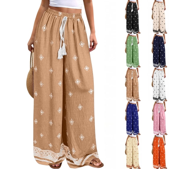 Women Plus Size Pants Wide Leg Palazzo 2026 Summer Boho Trousers Spring Flowy Beach Vacation Wear, #02 Khaki, L