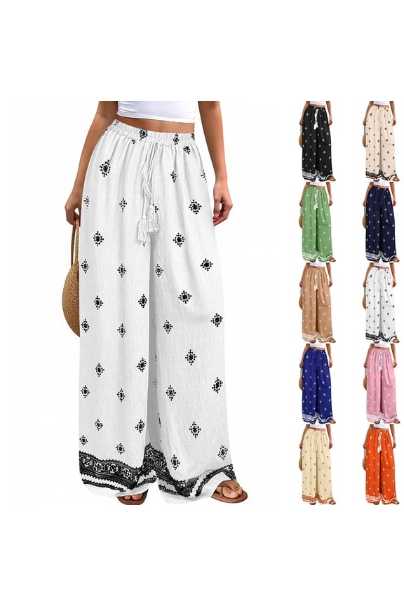 Women Plus Size Pants Wide Leg Palazzo 2026 Summer Boho Trousers Spring Flowy Beach Vacation Wear, #02 White, S